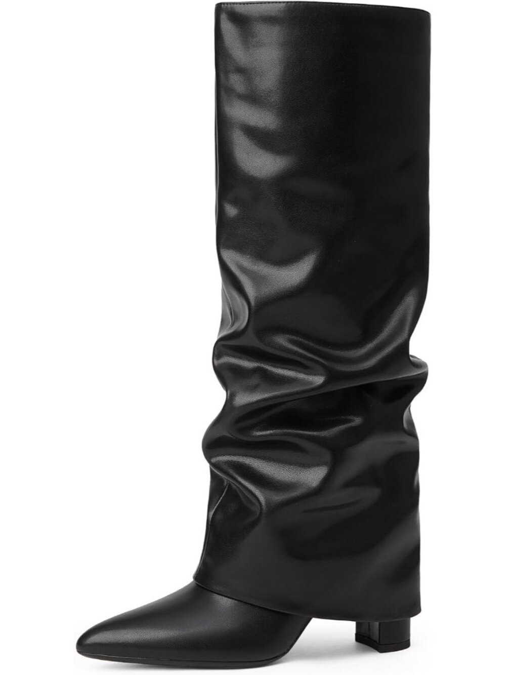 Womens Black Slouchy Chunky High Heels Long Pointed Toe Fold Over Knee High Boot